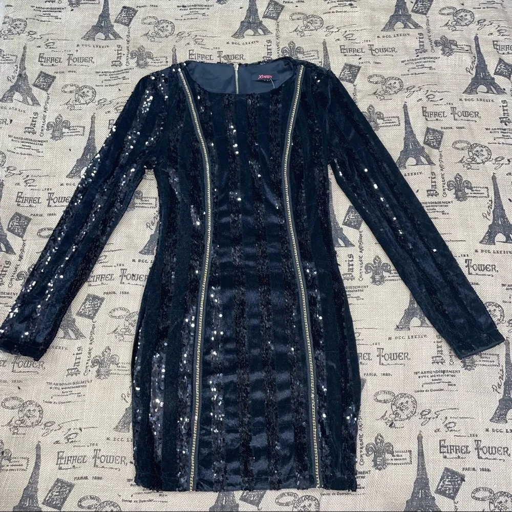 Xtaren NWT! Black Velvet Sequin Striped Chain Long Sleeve Stretchy Mini Dress - Picture 8 of 14